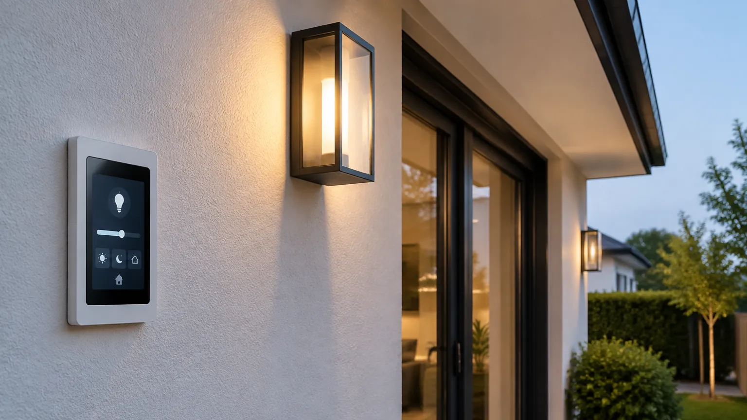 Panel kendali rumah pintar dan lampu di dekat pintu masuk
