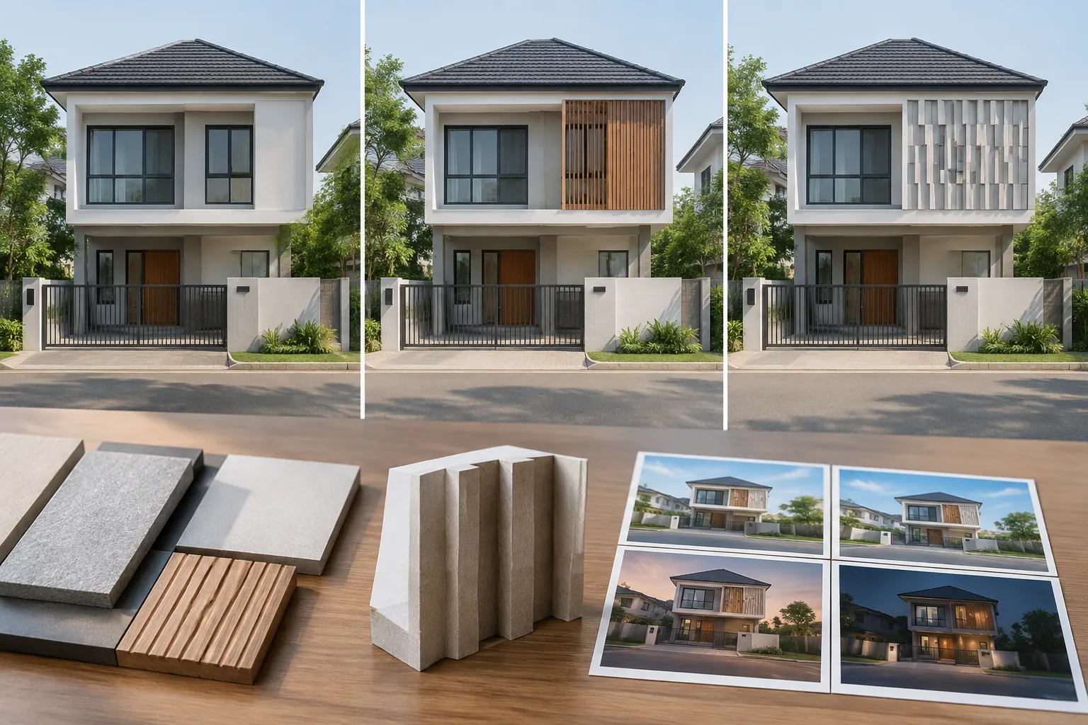 Tiga variasi ornamen pada fasad rumah berlantai dua