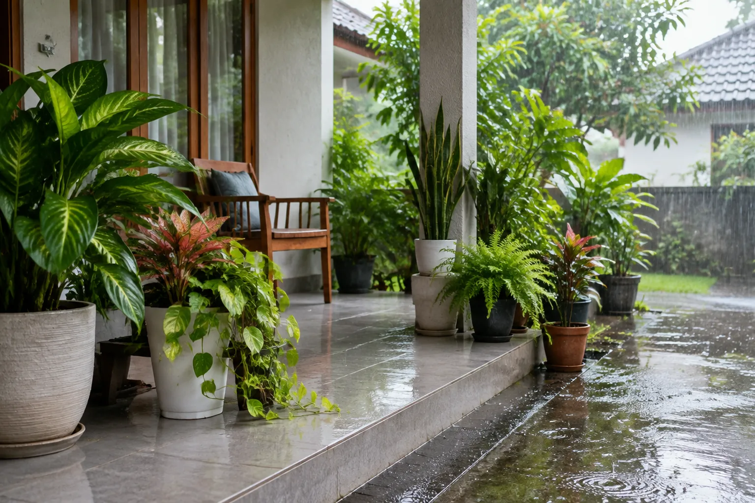 Tanaman dalam pot di teras rumah saat hujan