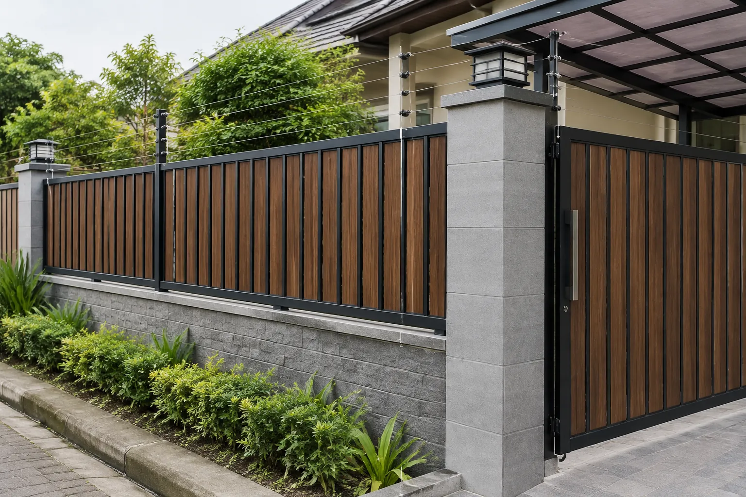 Pagar logam dan kayu di batas halaman rumah