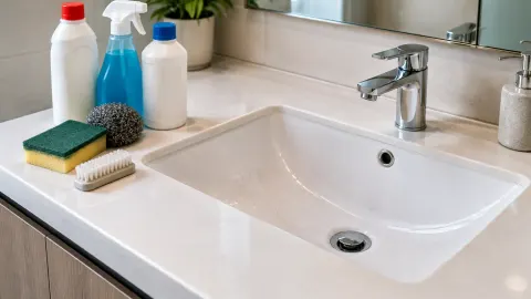 Wastafel dan cairan pembersih di atas meja kamar mandi