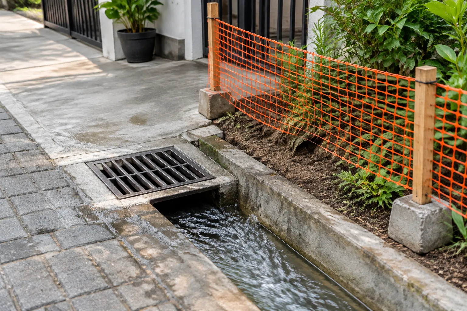 Area kerja drainase dibatasi jaring pengaman oranye