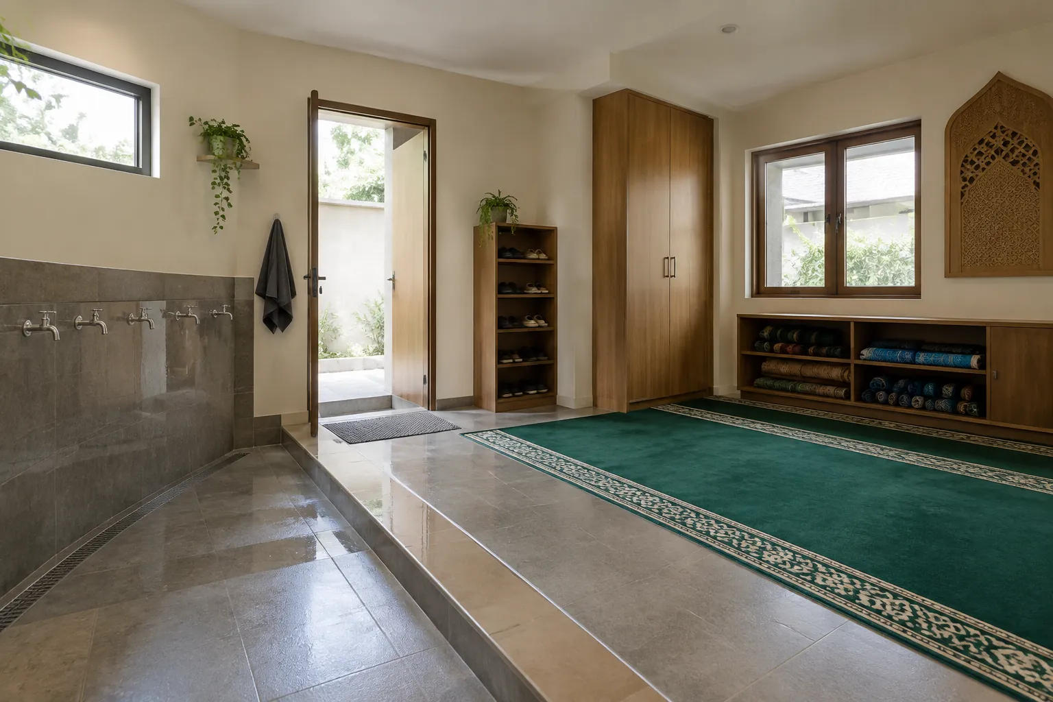 Tempat wudu bersebelahan dengan ruang salat di balik pintu