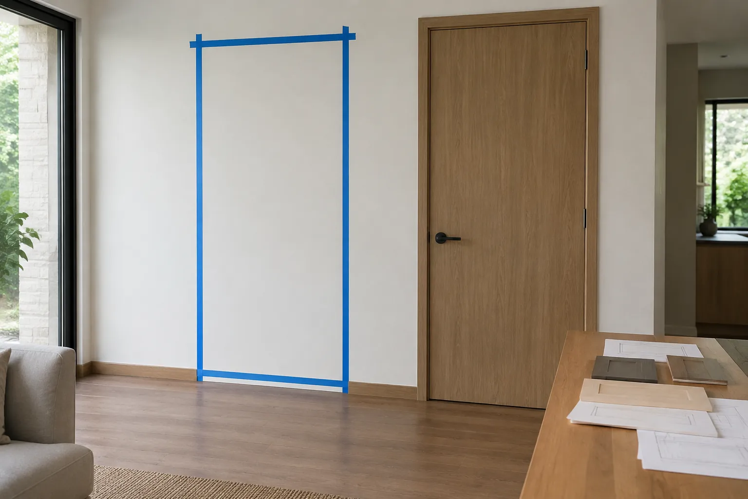 Garis biru pada dinding.