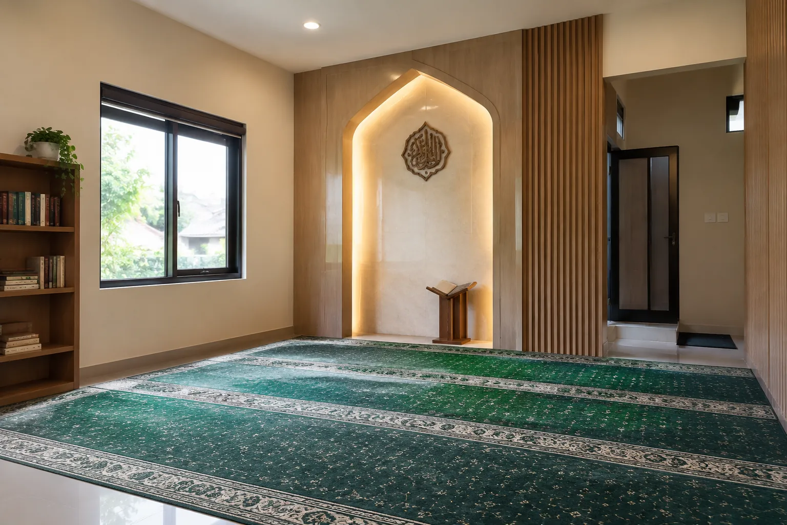Mihrab bercahaya menjadi titik fokus di ujung ruang salat