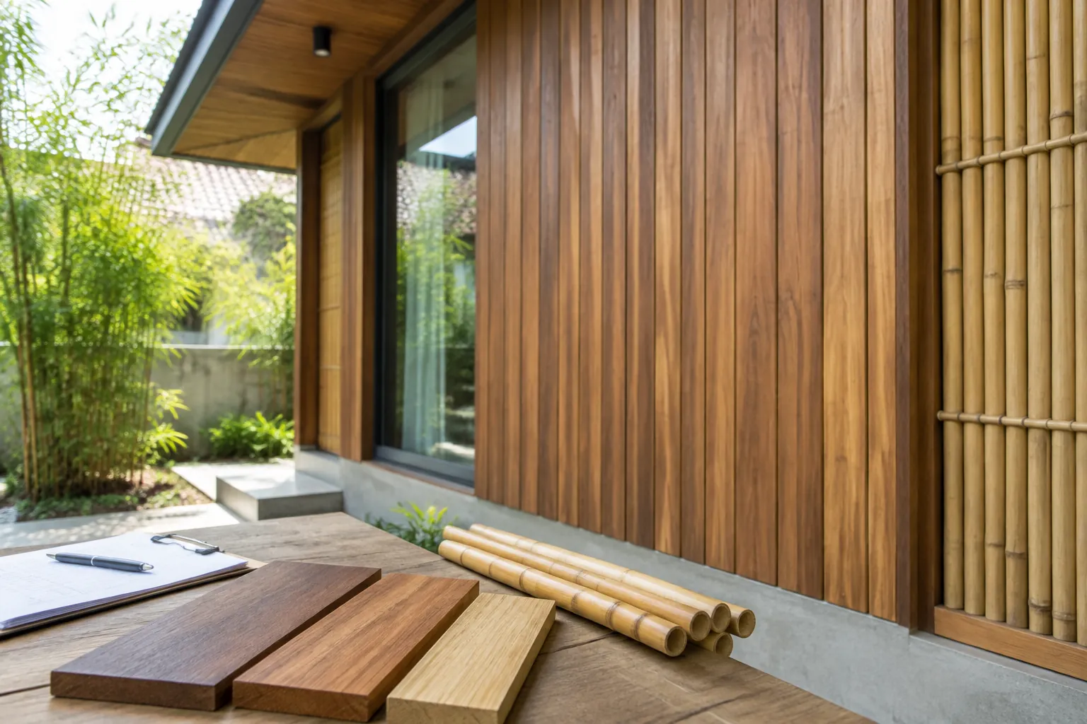 Pelapis kayu pada fasad rumah dengan beberapa sampel bahan