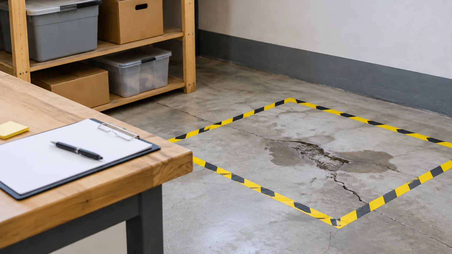 Area lantai gudang yang retak diberi batas