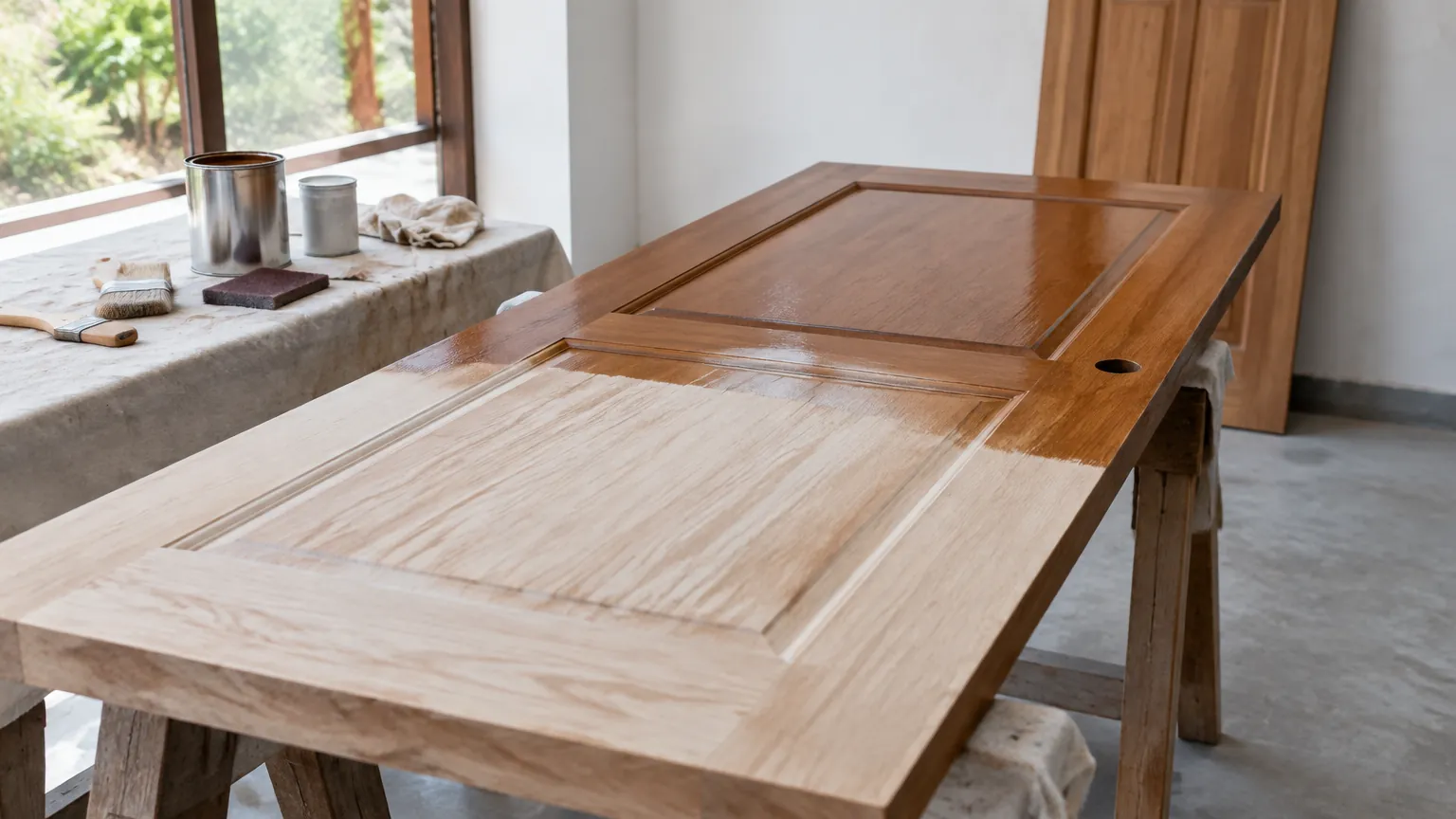 Daun pintu kayu sedang disiapkan untuk finishing di meja kerja