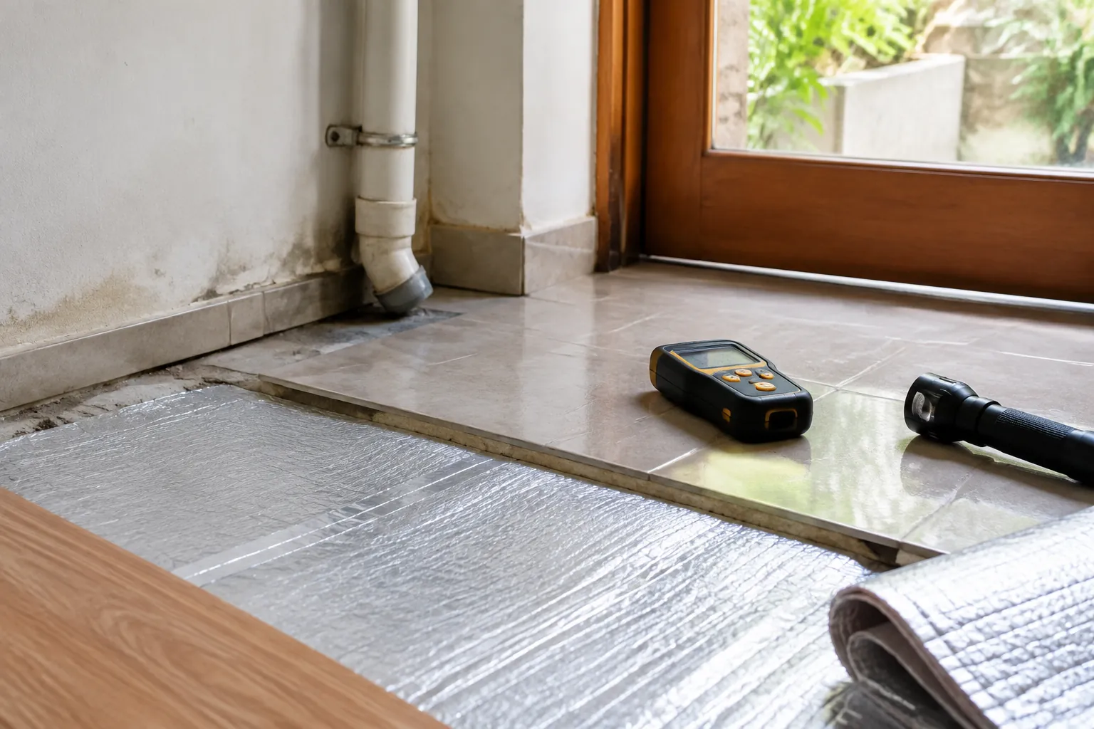 Alat ukur di dekat lapisan bawah lantai dan pintu