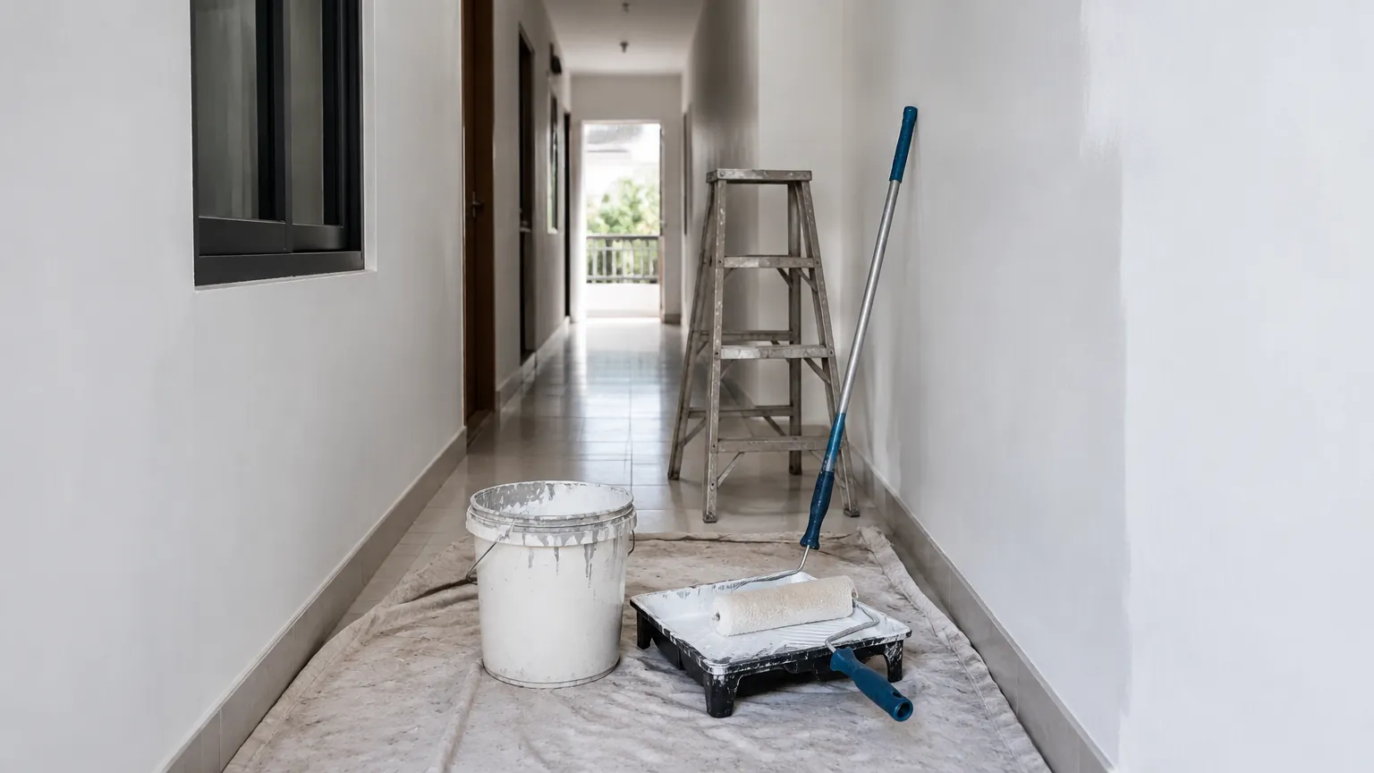 Lorong rumah dilindungi plastik saat pekerjaan pengecatan
