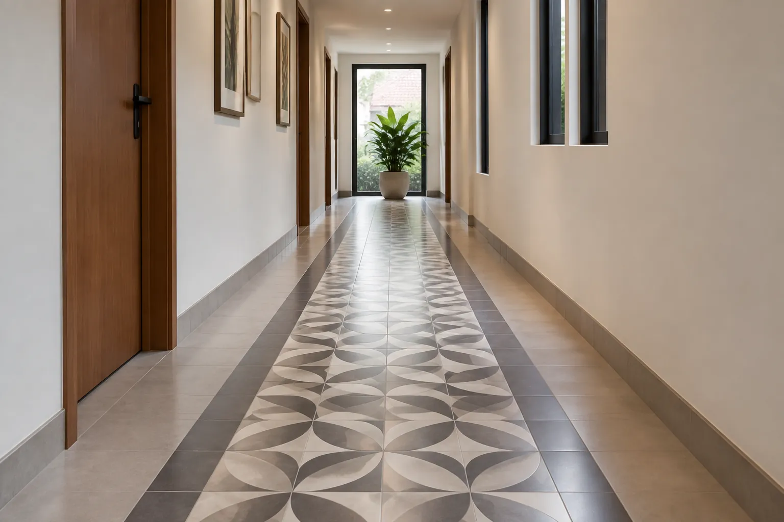 Lorong dengan ubin berpola geometris dan dinding putih