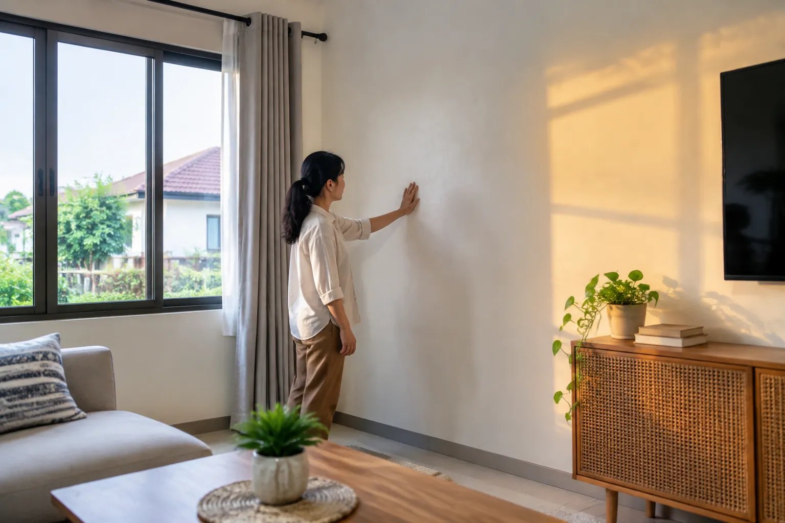 Penghuni menyentuh dinding interior yang menerima sinar matahari sore