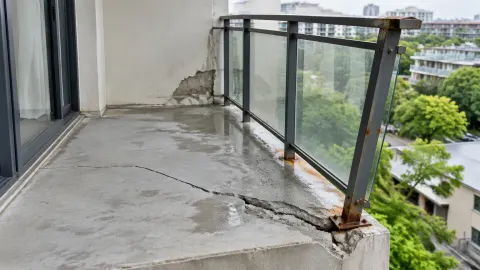 Balkon retak dan tergenang di dekat railing kaca