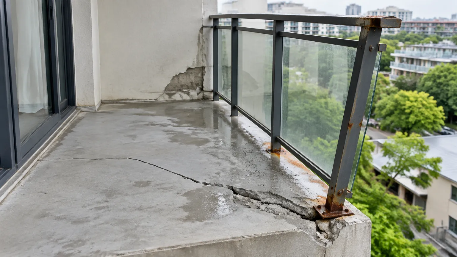 Balkon retak dan tergenang di dekat railing kaca