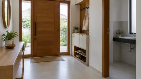 Foyer dengan pintu utama, rak sepatu, dan akses ke ruang sebelah