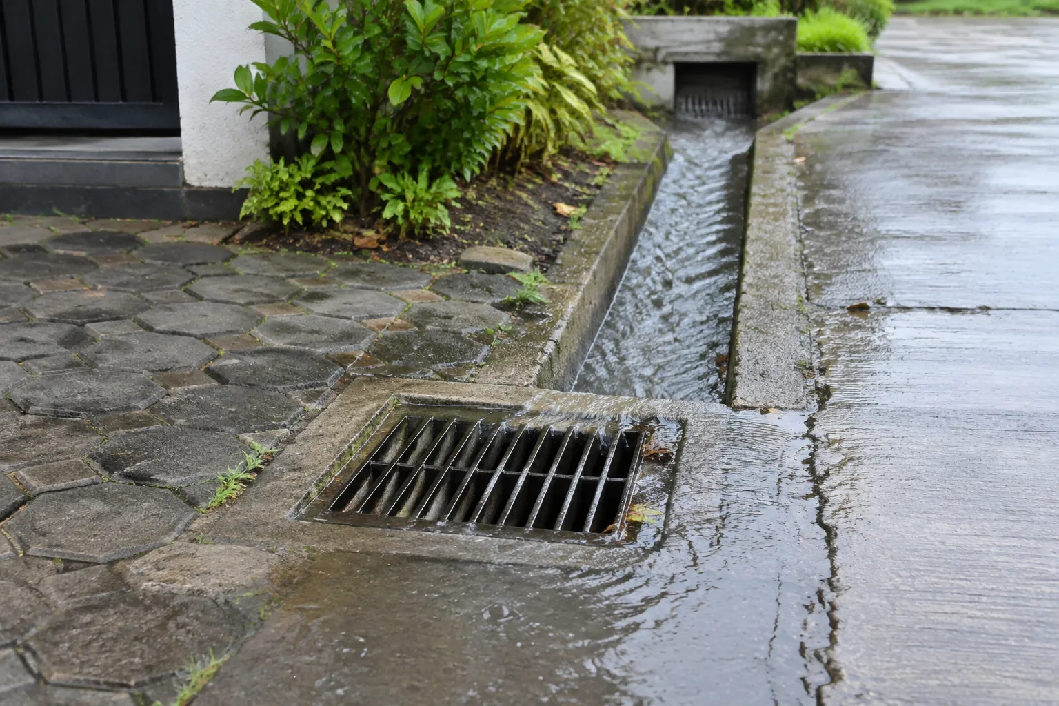 Air melimpas di sekitar kisi drainase dekat jalan