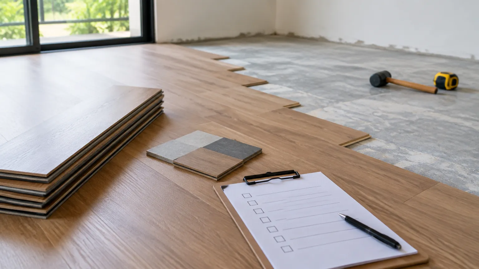 Papan lantai baru, contoh bahan, dan daftar pemeriksaan di ruang kosong