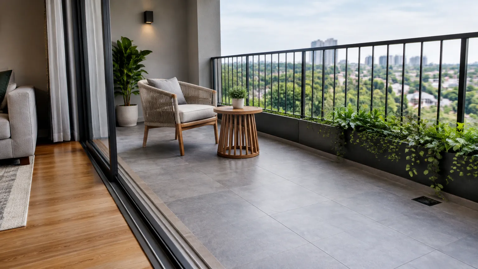 Balkon berlantai abu-abu yang tersambung ke ruang dalam