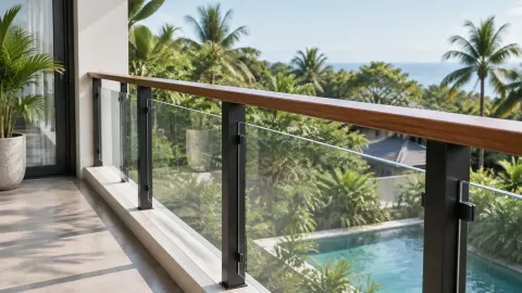 Railing kaca dengan pegangan kayu pada balkon menghadap taman