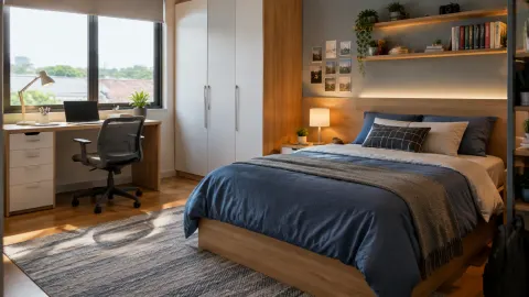Kamar remaja dengan tempat tidur, meja kerja, dan cahaya jendela