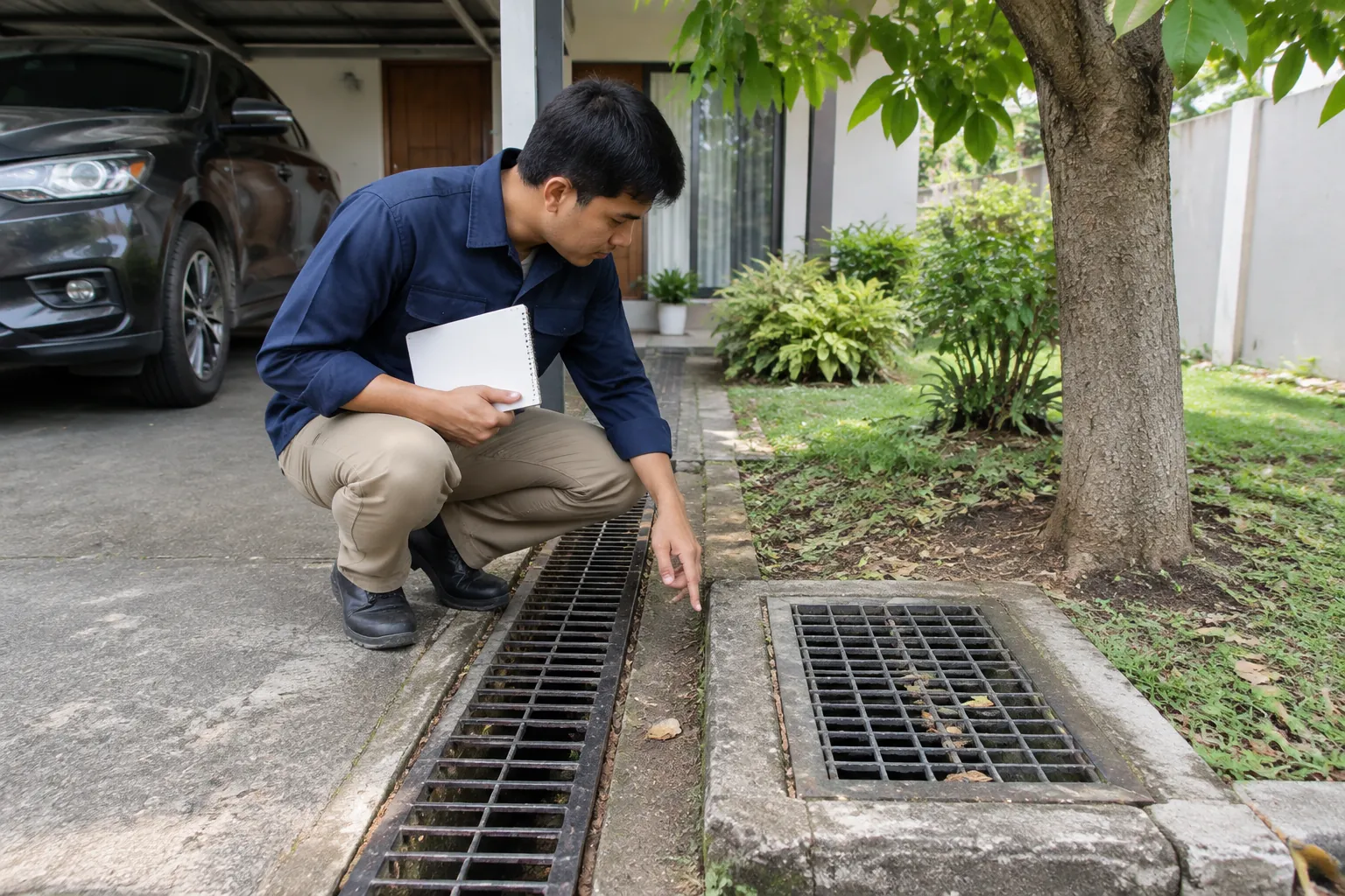 Pemeriksaan saluran drainase di dekat carport dan pohon