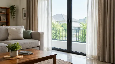 Sofa dan meja ruang tamu dekat pintu kaca ke luar