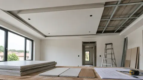 Ruang dalam renovasi dengan rangka plafon terbuka dan contoh bahan