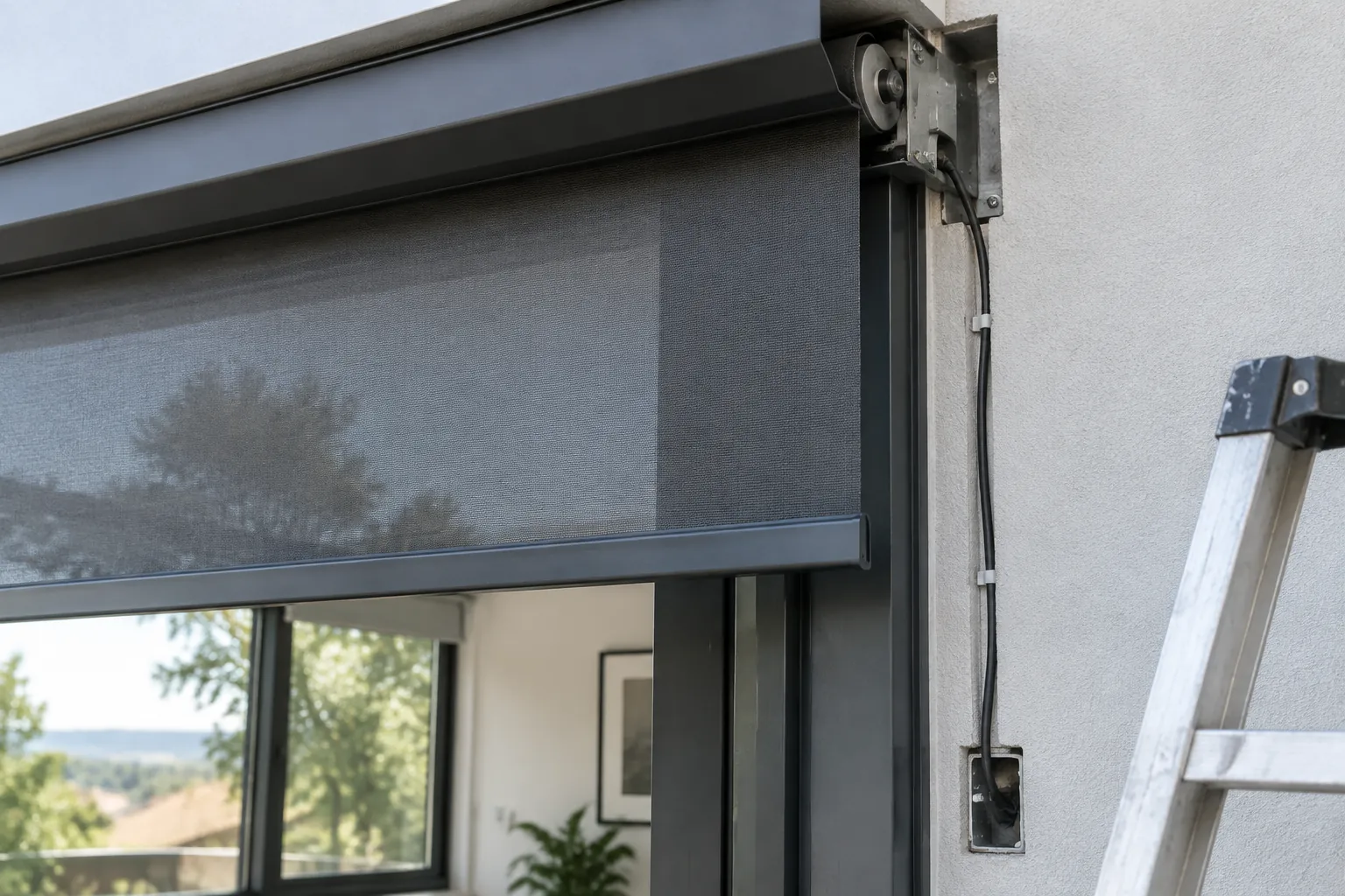 Roller shading luar dengan kotak dan rel pada jendela
