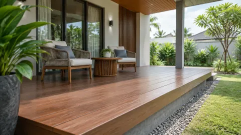 Teras kayu beratap dengan kursi dan taman di sisinya