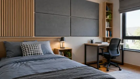 Kamar remaja dengan panel dinding di belakang tempat tidur