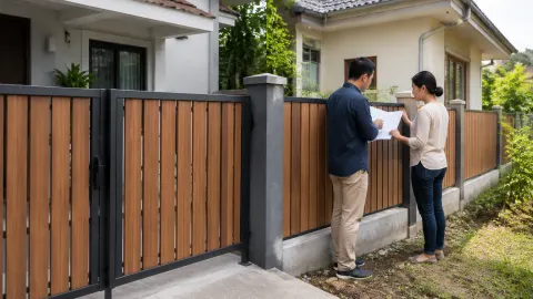Dua orang berdiskusi di depan pagar rumah