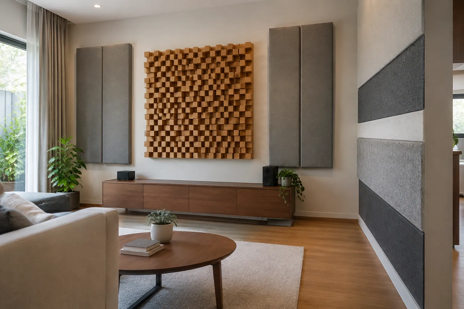 Diffuser kayu dan panel abu-abu terpasang di dinding ruang duduk