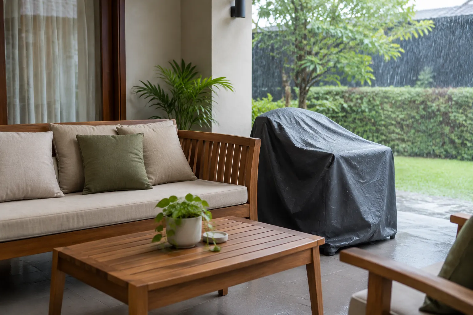 Sofa teras bersebelahan dengan furnitur yang tertutup pelindung
