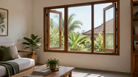 Jendela kayu lebar yang terbuka di ruang tamu