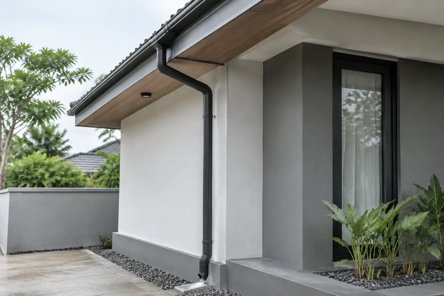 Talang dan pipa air hujan di sudut fasad rumah