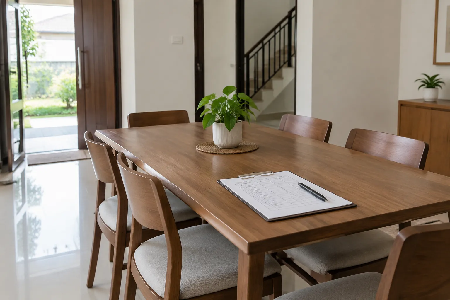 Meja makan kayu dengan kertas dan alat ukur di atasnya