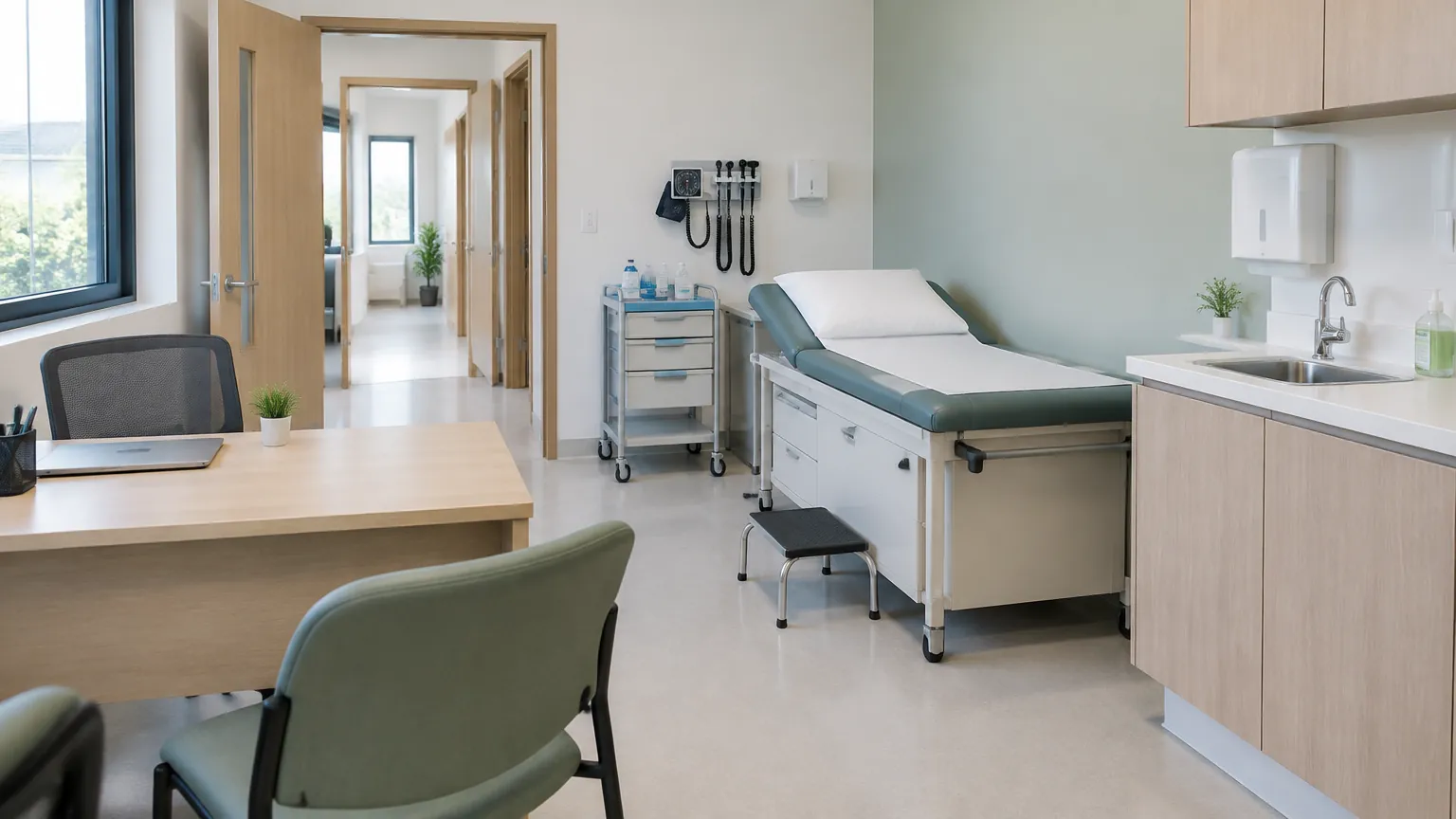 Ruang periksa klinik dengan meja tindakan dan perlengkapan