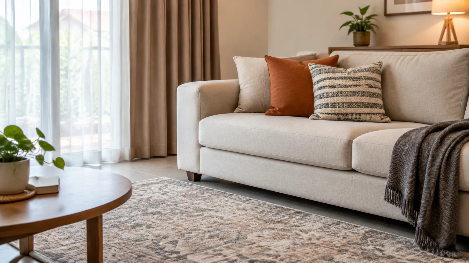 Sofa krem dan bantal bertekstur pada ruang keluarga