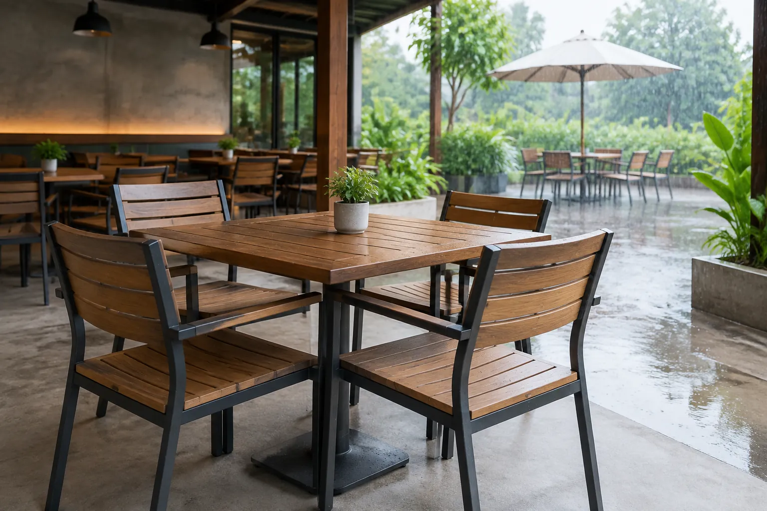Meja kafe luar ruang yang basah setelah hujan