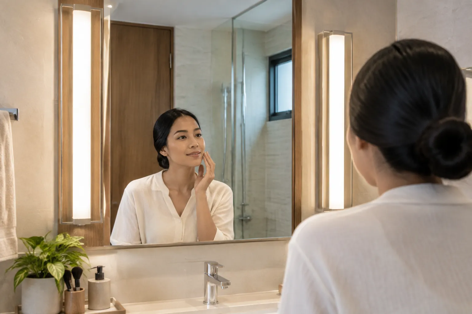 Seseorang melihat wajah di cermin kamar mandi
