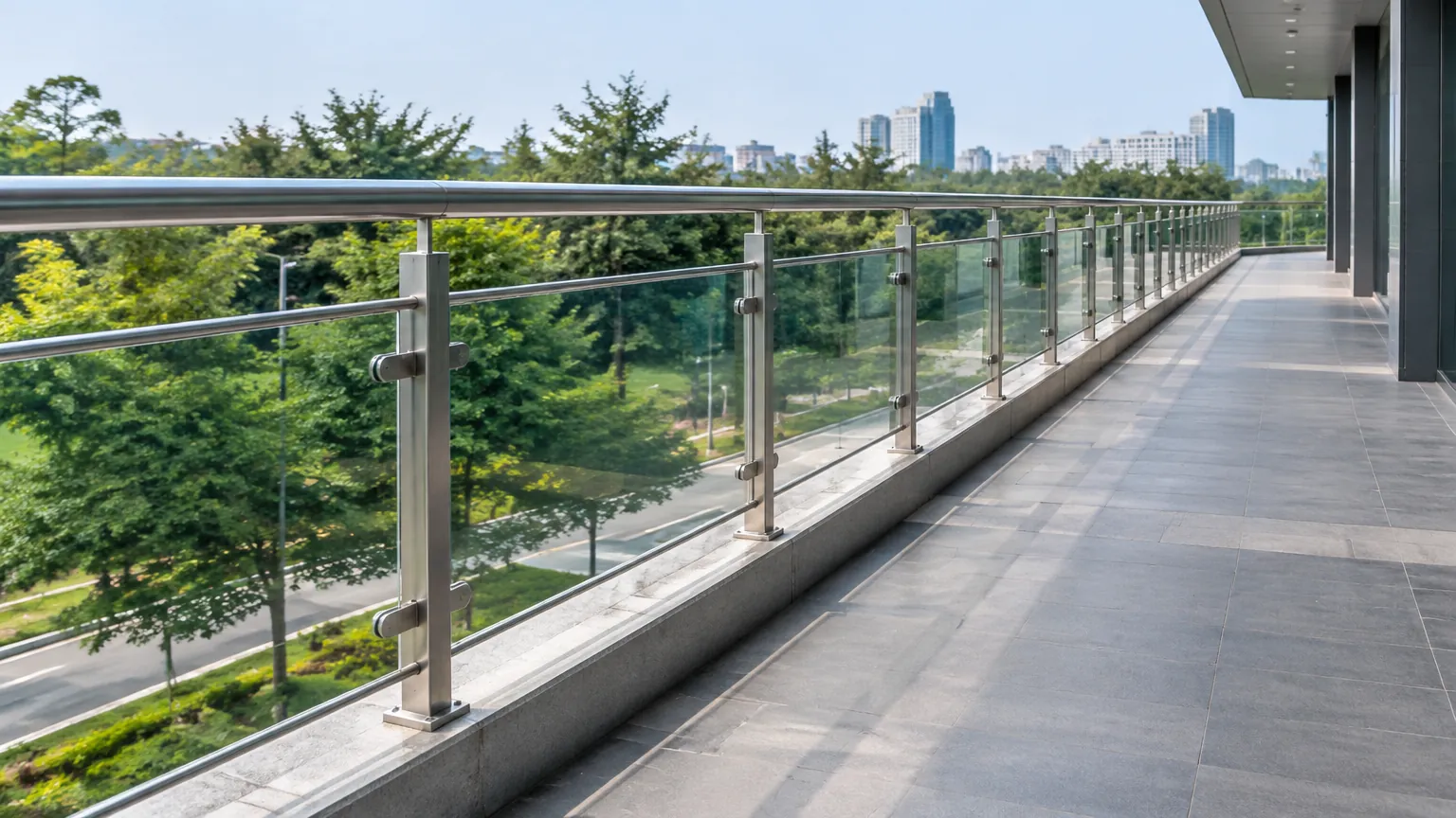 Railing kaca panjang di tepi balkon menghadap pepohonan