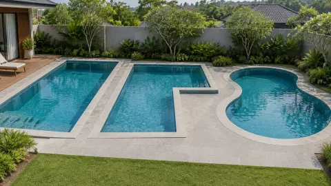 Kolam persegi panjang dan kolam bertepi lengkung di halaman rumah