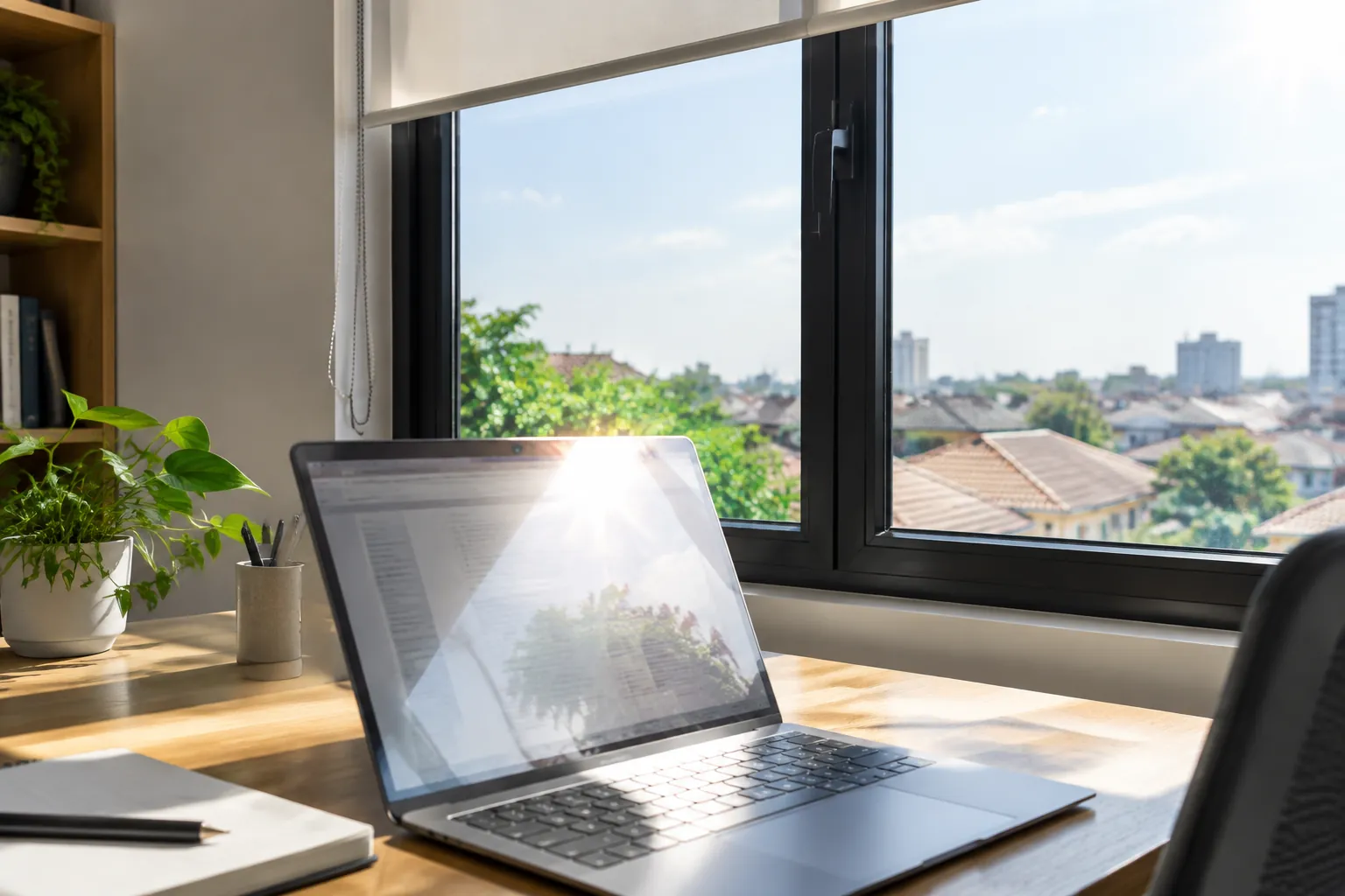 Pantulan kuat pada layar laptop di dekat jendela