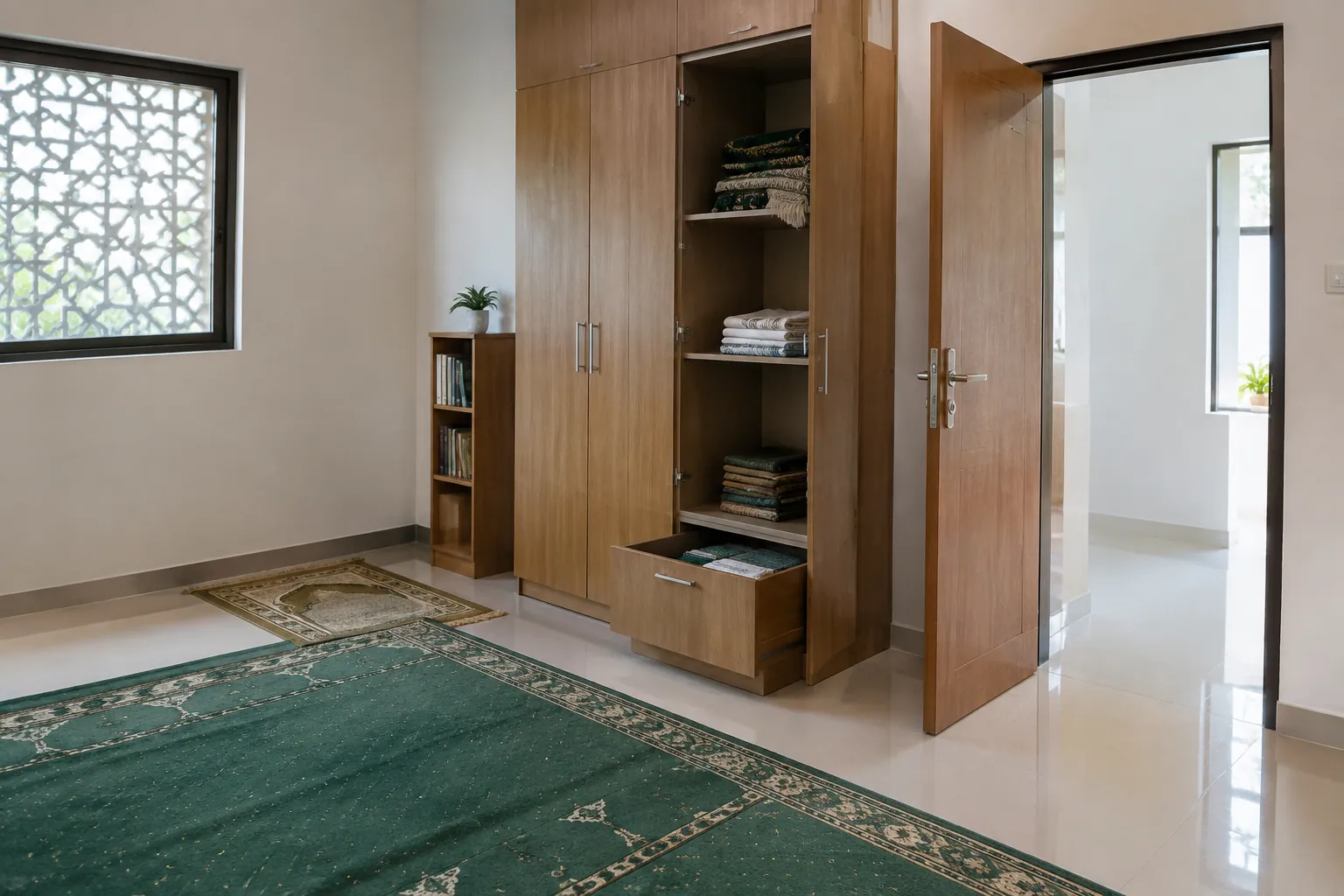 Lemari penyimpanan dan pintu berada dekat tepi karpet salat