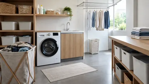 Ruang laundry dengan mesin cuci, meja, dan rak terbuka