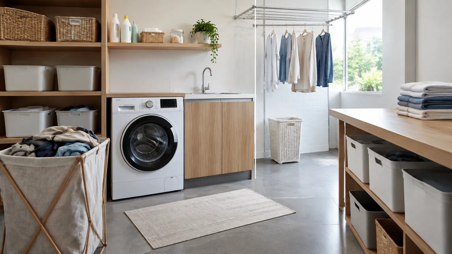 Ruang laundry dengan mesin cuci, meja, dan rak terbuka