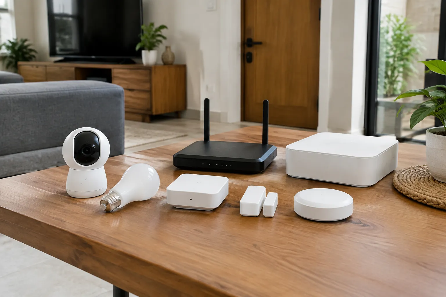 Kamera, router, sensor, dan perangkat pintar lain disiapkan di atas meja
