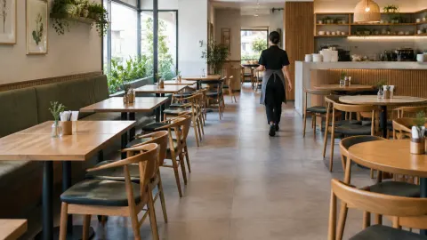Jalur di antara meja kafe menuju area layanan