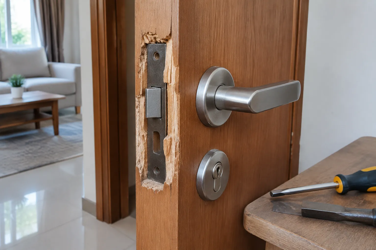 Bagian tepi pintu kayu rusak di dekat dudukan kunci