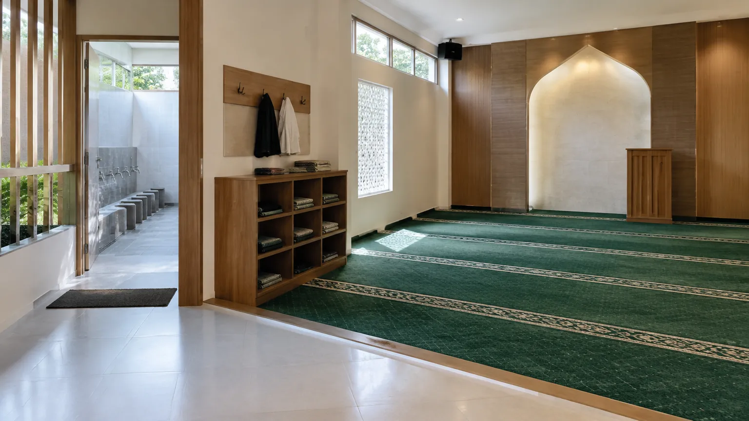 Musala dengan pintu masuk, rak, dan karpet salat